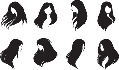 Collection of black hair silhouettes in various styles isolated on white background