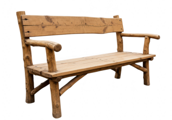 A rustic wooden bench made from logs and planks is isolated on a transparent background
