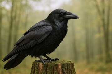 Close-up of a black raven perched on a mossy tree stump in a green forest setting.