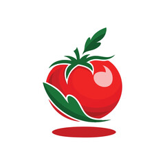 Rich Tomato Icon Design. A stylized ripe fruit in vivid crimson, accented by lush green foliage. This emblem embodies freshness, wellness, and a passion for natural nutrition.