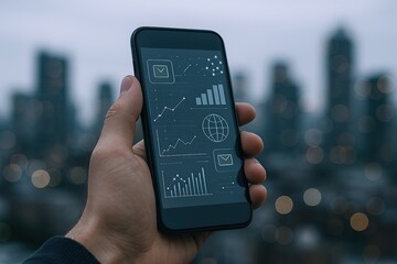 Hand holding smartphone with financial and data analysis graphs in urban city background.