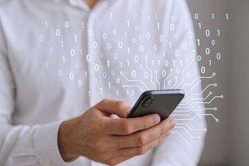 Close-up of a person's hand holding a smartphone with digital binary code and circuitry overlay.