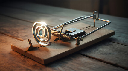 At symbol on a wooden mousetrap internet online