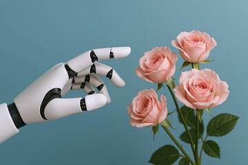 Close-up of a realistic humanoid robotic hand reaching towards pink roses against a plain blue background.