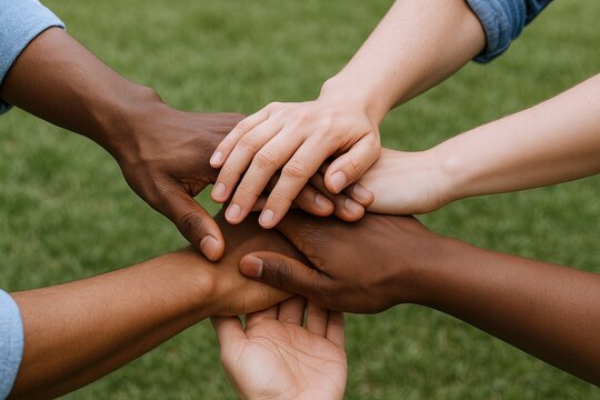 Diverse hands stacked together symbolizing unity teamwork friendship and support.