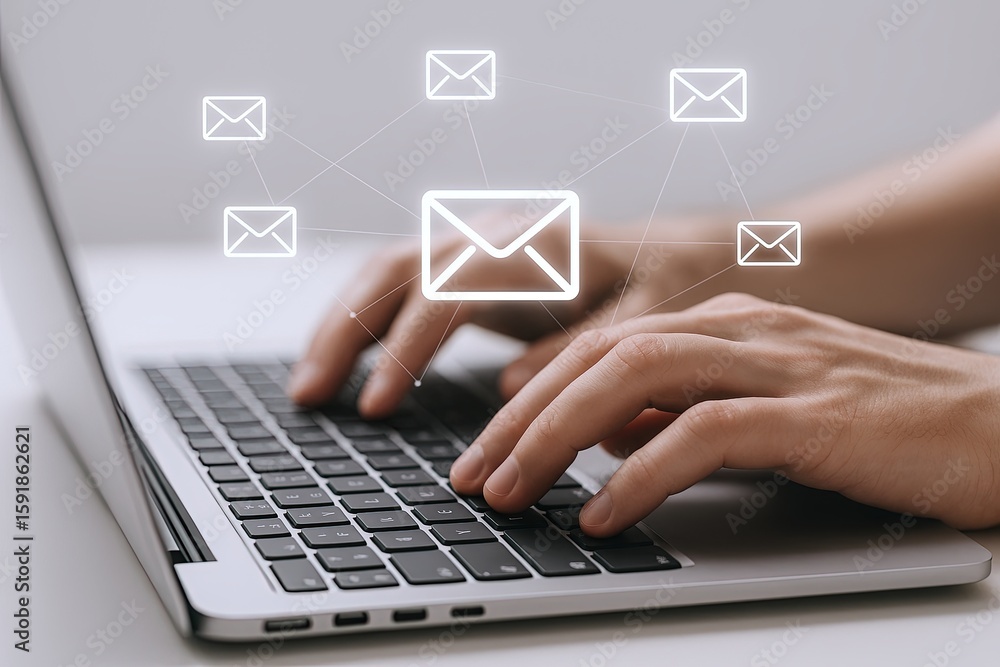 Poster person typing on laptop keyboard with email icons floating above and around.