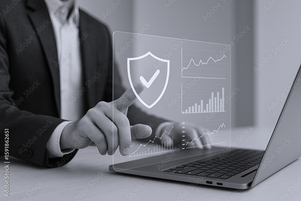 Aufkleber businessman interacting with transparent digital security shield and data graphs on laptop screen.