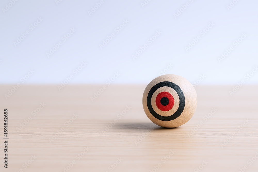 Poster close-up of a wooden dart with a red and black target design on a light wooden surface.