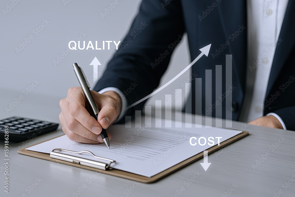 Poster professional businessman analyzing financial growth and performance data with graphs.