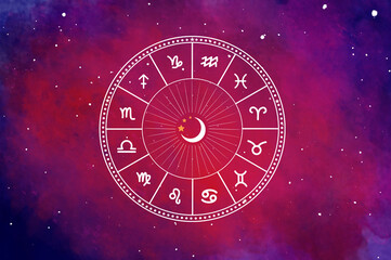 Western astrology circle with 12 zodiac signs on a colorful space background full of stars. Beautiful colors.