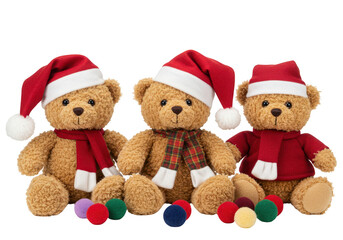 Three cute teddy bears wearing santa hats and scarves sit together with colorful balls, isolated on a transparent background