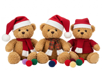 Three cute teddy bears wearing santa hats and scarves sit together with colorful balls, isolated on a transparent background