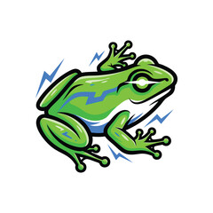 Vibrant Electric Frog Mascot Design. Dynamic illustration of a spirited verdant toad with bright blue charged elements. Its glowing gaze conveys intense power and agility, ideal for esports or tech.