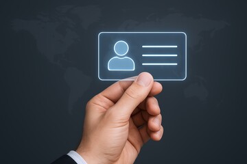 Modern digital identity card hologram in hand with virtual background concept.