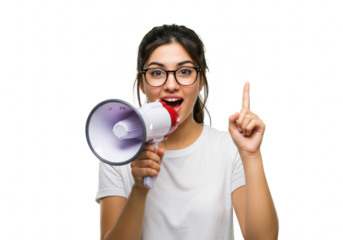 An excited woman with glasses holds a megaphone and points upwards, announcing an important message with enthusiasm, isolated on white isolated on transparent background
