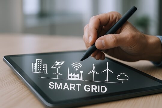 Hand holding stylus touching smart grid icons on digital tablet screen in modern office. - Powered by Adobe