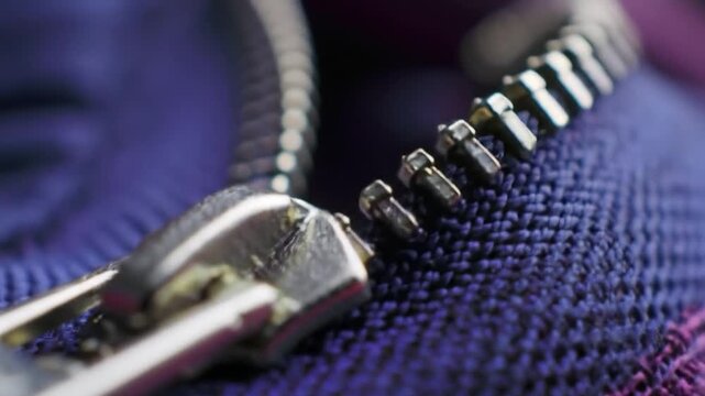 Close-up of a silver zipper pull resting on textured, woven, indigo fabric