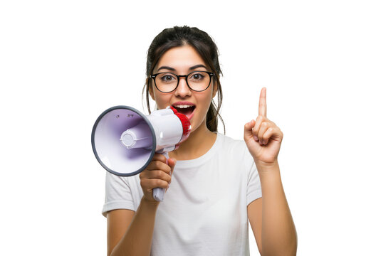 An excited woman with glasses holds a megaphone and points upwards, announcing an important message with enthusiasm, isolated on white isolated on transparent background