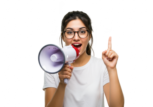 An excited woman with glasses holds a megaphone and points upwards, announcing an important message with enthusiasm, isolated on white isolated on transparent background