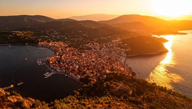 Argostoli Cefalonia al tramonto: lungomare dorato con pavimentazione in pietra, alberi secolari e panorama mozzafiato sulla capitale dell'isola greca