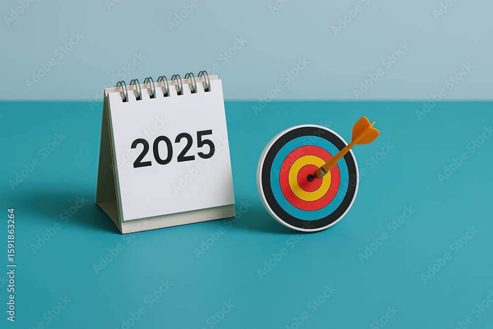 Poster calendar and dartboard with arrow hitting target symbolizing goal setting for 2025 year planning.