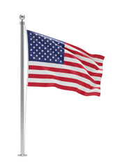 Obraz premium A majestic usa flag with red and white stripes, blue canton, and white stars waves on a silver flagpole with a shiny finial, isolated on a pristine transparent background with bright studio