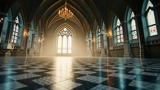 Grand hall interior with checkered floor and arched windows