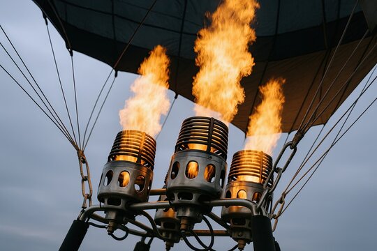 Hot air balloons with flames and burners under cloudy sky during daytime.