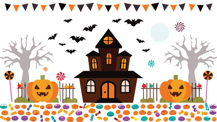 Halloween scene with haunted house pumpkins bats candy and pennant banner for festive decoration