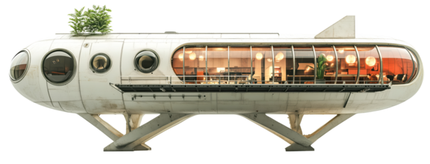 Futuristic spaceship like house constructed from retired airport jet bridges features sleek, cylindrical design with large windows and modern interior. structure is elevated sturdy, isolated