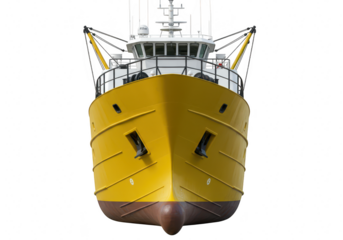 The front view of a yellow fishing boat isolated on a transparent background