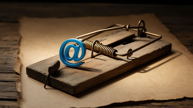 Blue at symbol on wooden mousetrap bait email internet