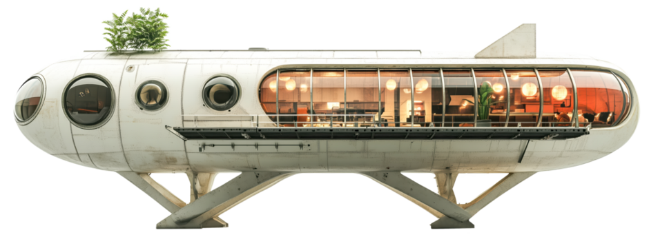 Futuristic spaceship like house constructed from retired airport jet bridges features sleek, cylindrical design with large windows and modern interior. structure is elevated sturdy, isolated