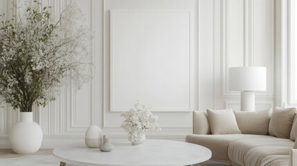 A minimalist living room scene with a blank canvas.