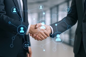 Businessmen shaking hands with digital connection icons and network overlay in modern office.