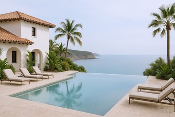 Luxurious tropical villa with infinity pool, palm trees, ocean view, and outdoor lounge area.