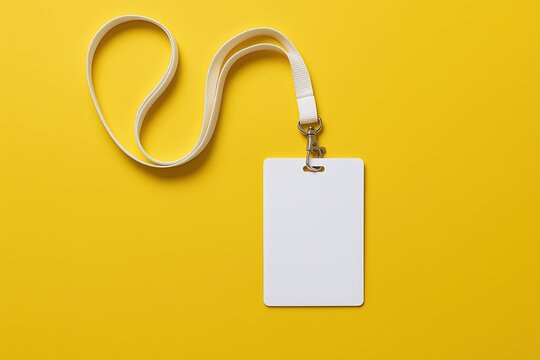 White blank identification badge with lanyard on yellow background for conference.