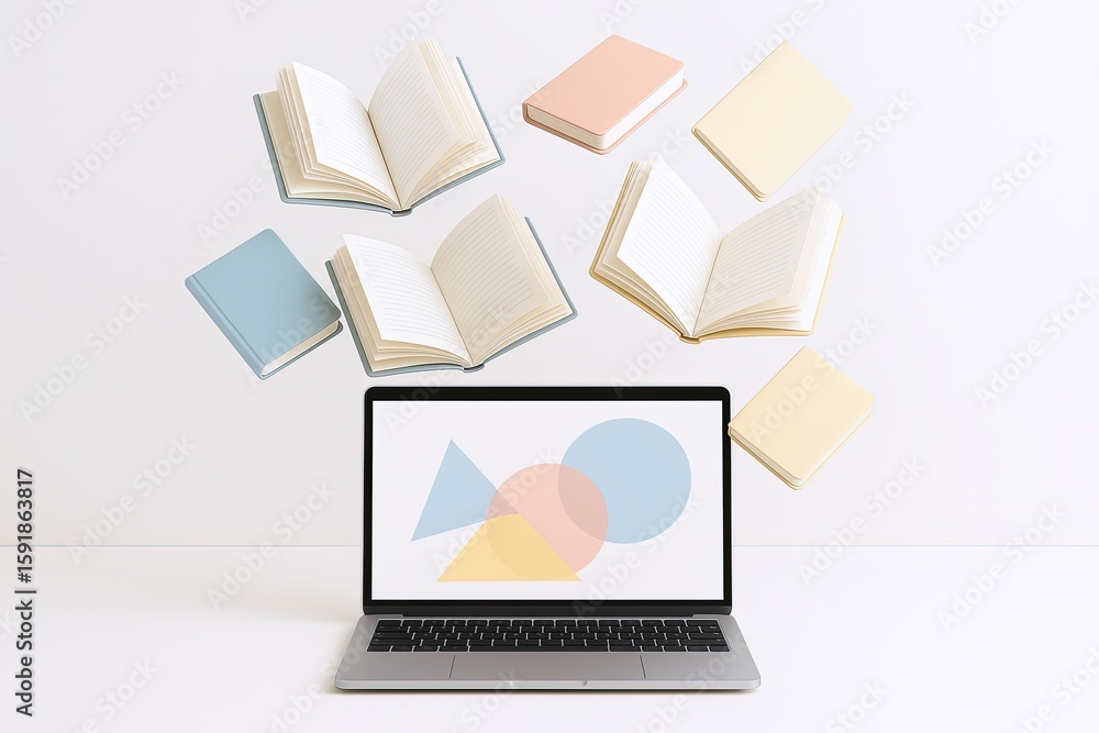 Poster multiple open and closed books with notebooks and laptop on white surface.