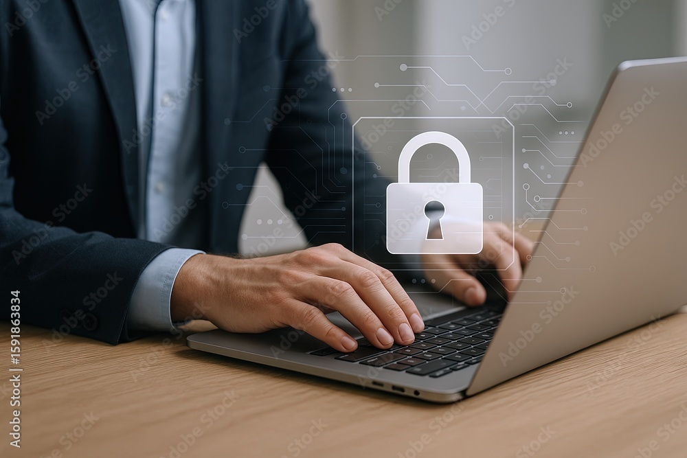 Poster modern businessman using laptop for cybersecurity with lock icon in digital environment.
