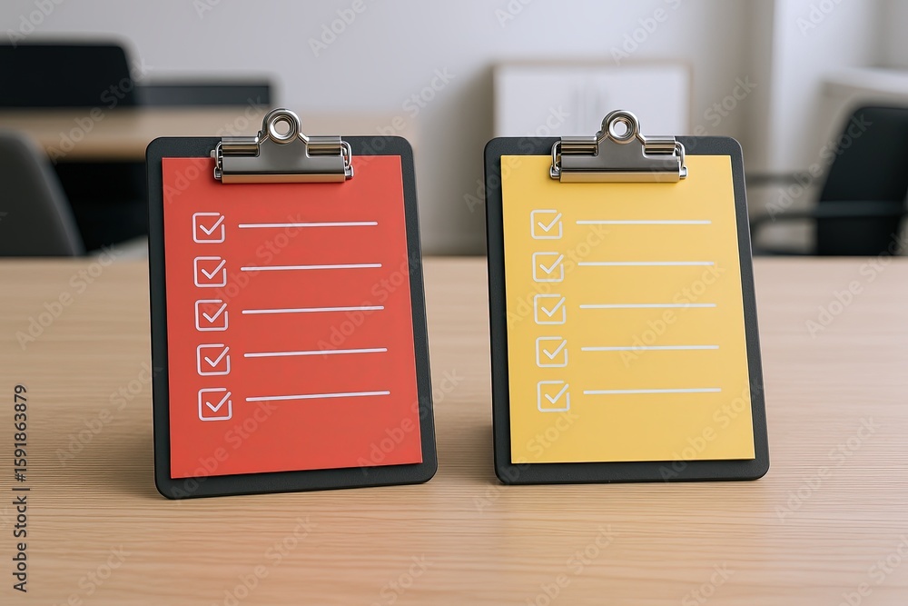 Aufkleber two clipboard sheets with checklists on a wooden table in an office setting.