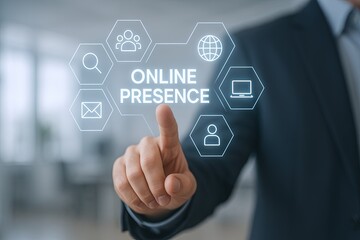 Businessman interacting with digital interface displaying online presence concept in modern office.