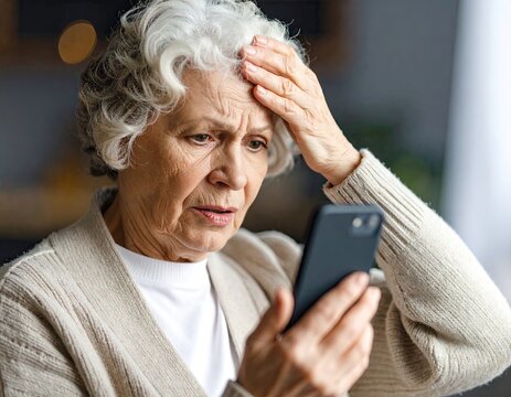 Upset senior woman looking at a phone
