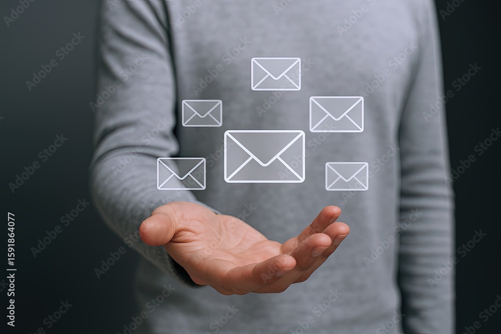 Poster digital communication technology with email icons floating above hand and person.