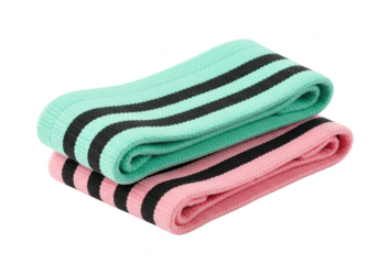 Two colorful fabric resistance bands, one pink and one mint green with black stripes, stacked together isolated on a transparent background