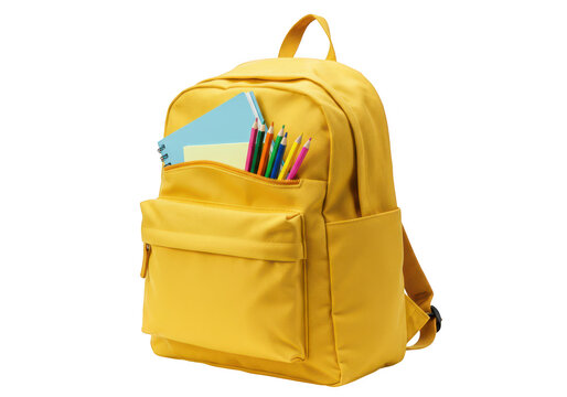 A vibrant yellow backpack stuffed with colorful pencils and a notebook, ready for school, isolated on transparent background