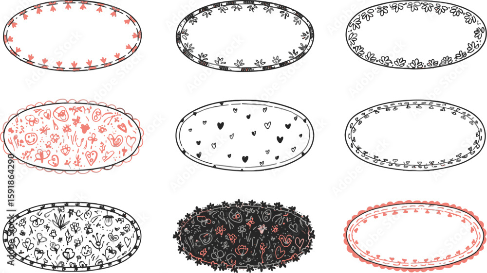 Poster vector art of set of handdrawn decorative oval frames and labels isolated on transparent background 
