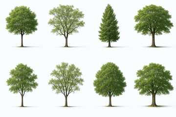 Fototapeta premium Collection of eight lush green trees with diverse leaf shapes and heights on white background.