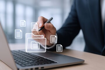 Businessman using digital interface for file sharing and document management.