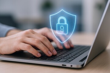 Modern digital security concept showing a person typing on a laptop with a glowing shield and lock icon overlay.