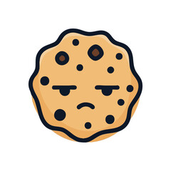 Grumpy Cookie Cartoon Character. A charming doodle of a displeased chocolate chip biscuit with a frown. Perfect for expressing mild dissatisfaction or a bad day in a lighthearted way.
